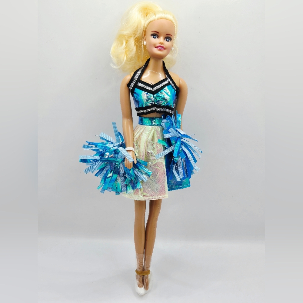 Vintage Blonde Cheerleader Doll Blue Outfit‎ With PomPoms Blue white